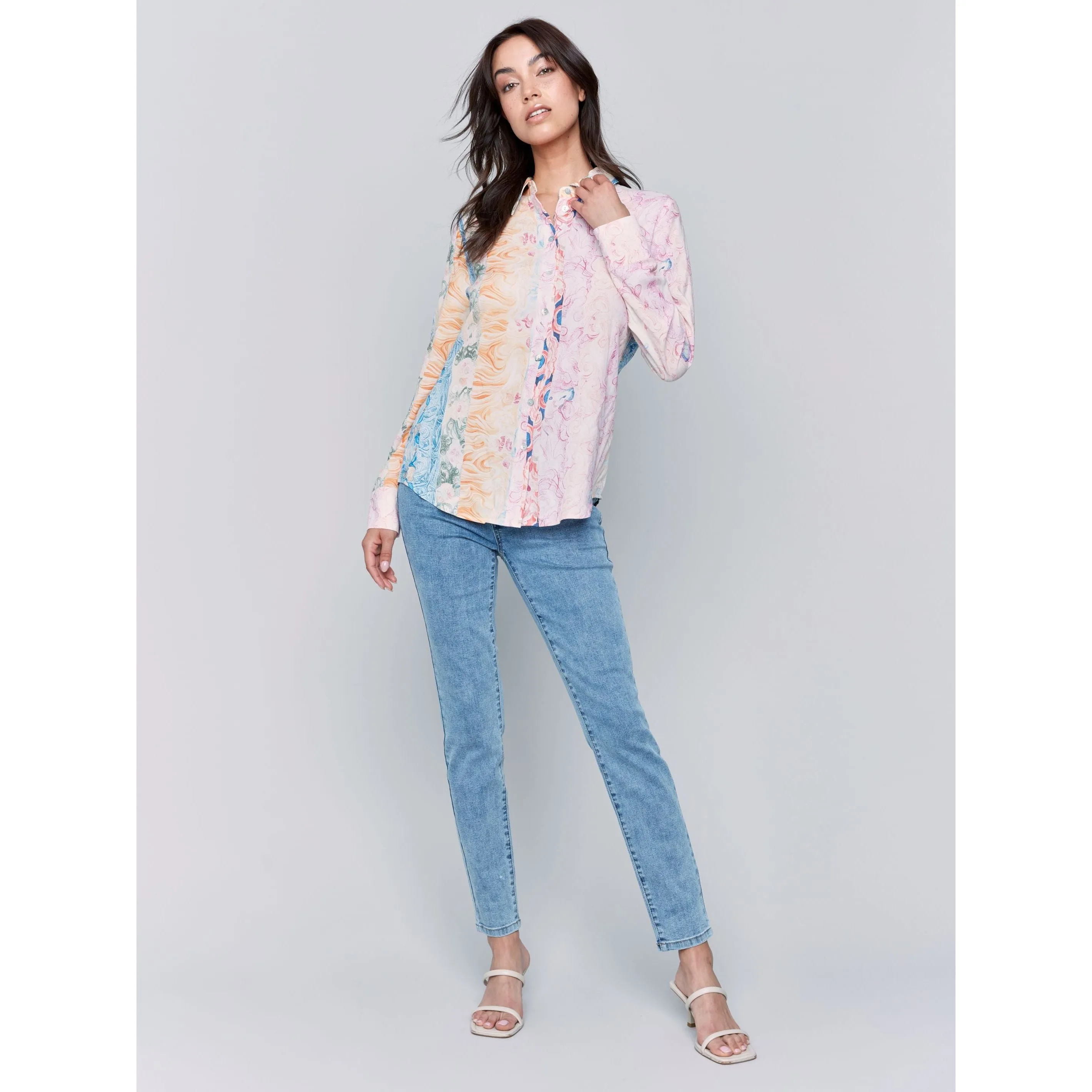 Pastel Swirls Printed Button Up Blouse