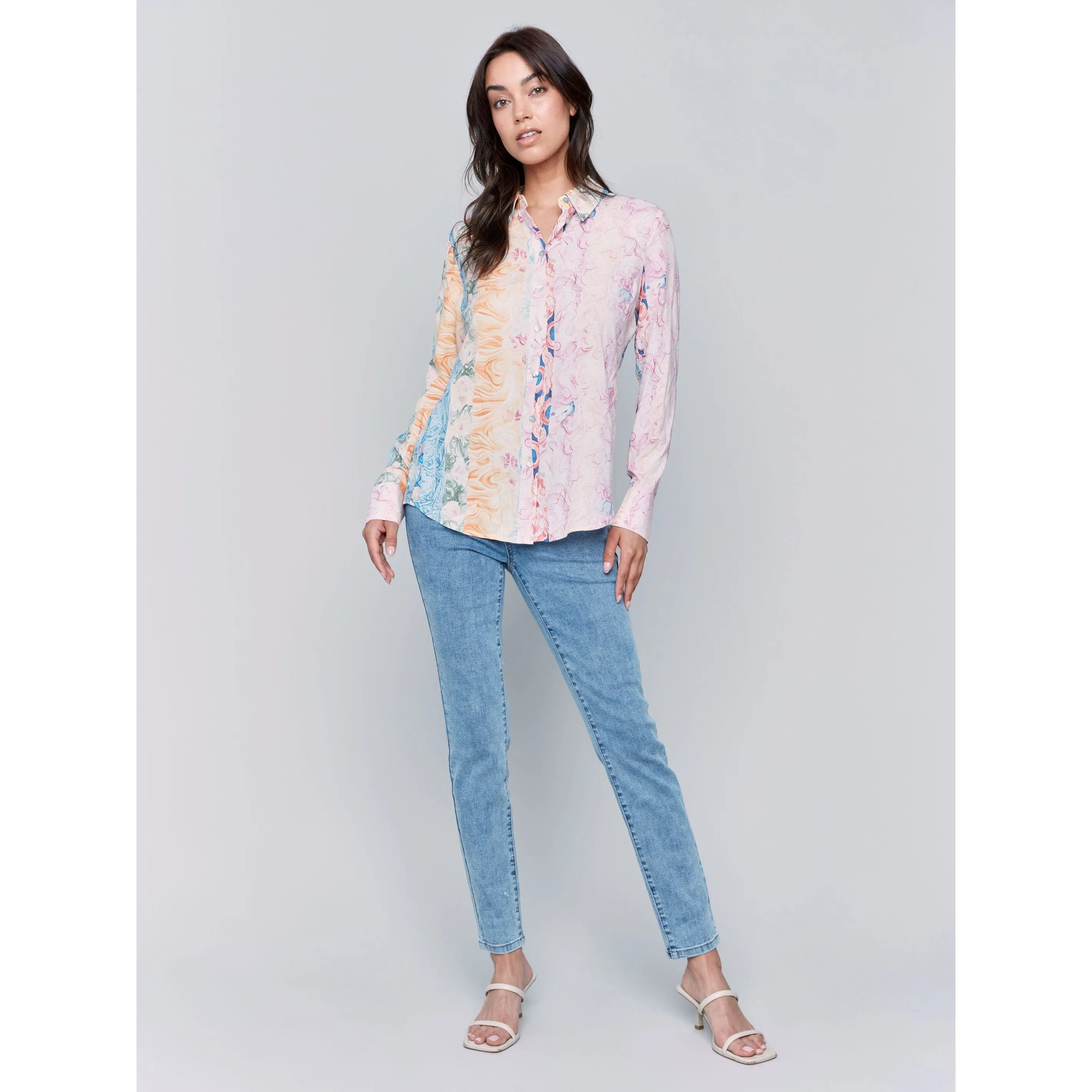 Pastel Swirls Printed Button Up Blouse