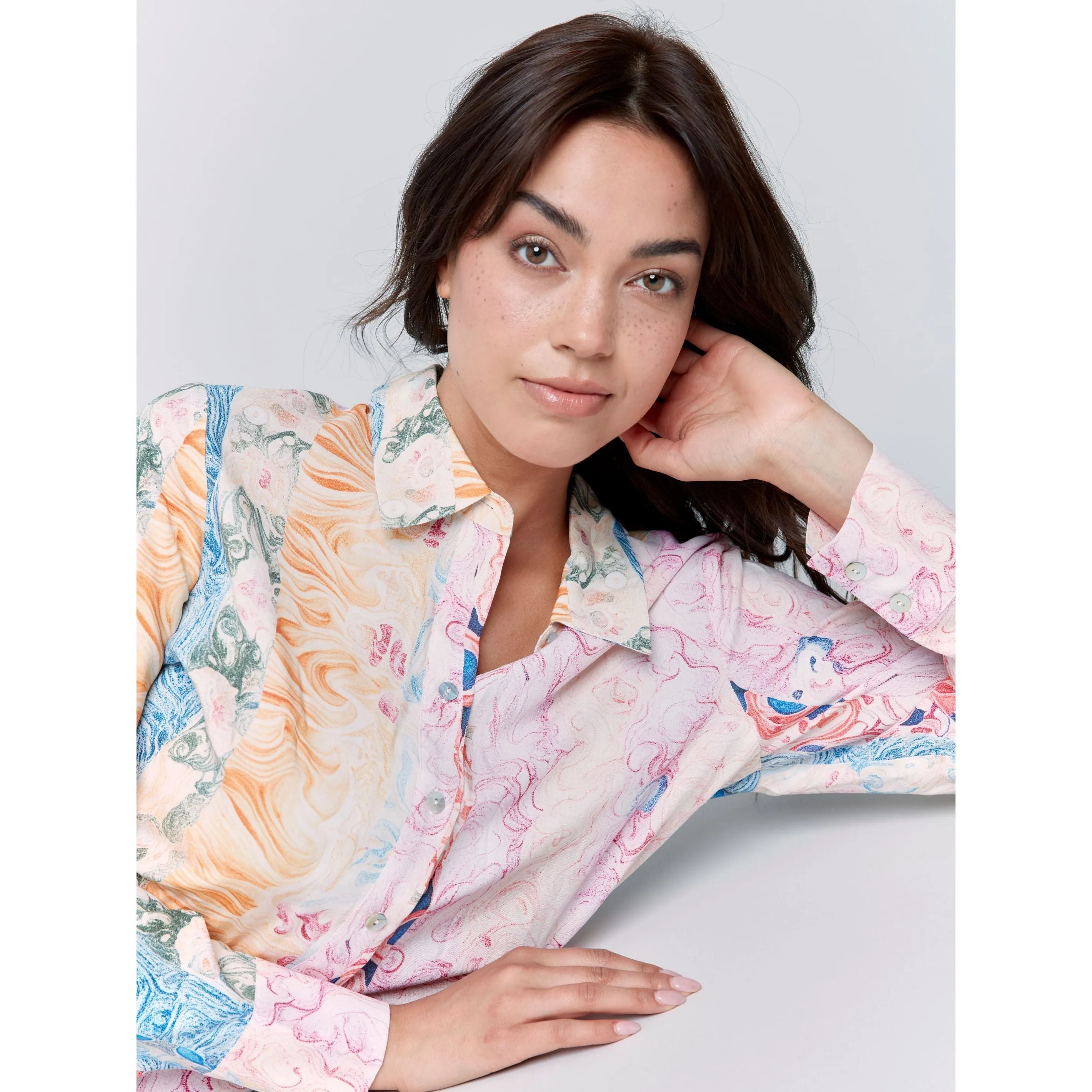 Pastel Swirls Printed Button Up Blouse