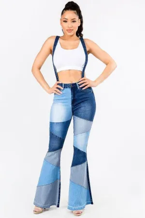 PATCHWORKED FLARE JEANS WITH SUSPENDERS