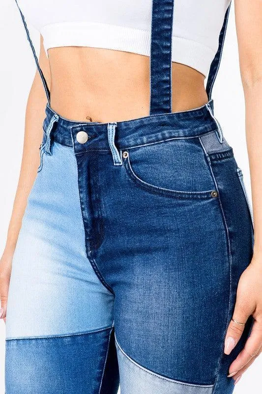 PATCHWORKED FLARE JEANS WITH SUSPENDERS