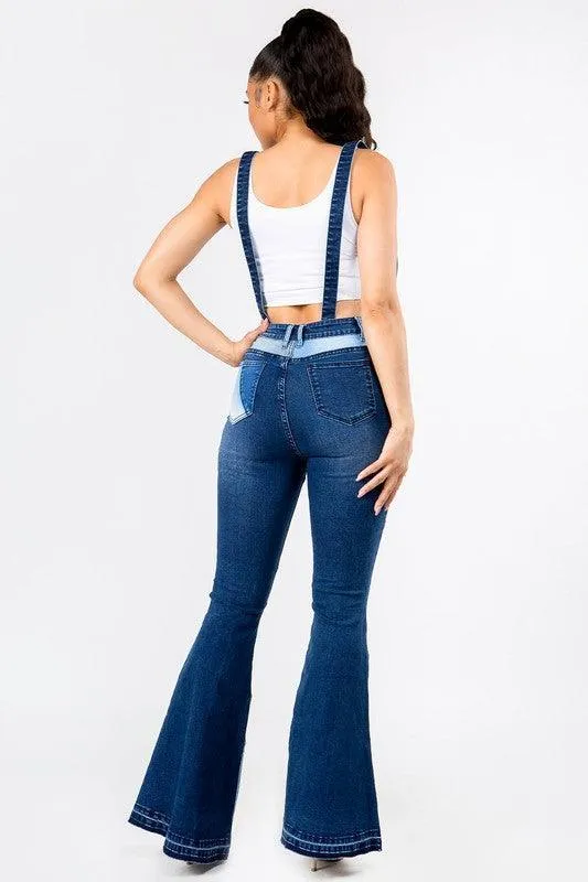 PATCHWORKED FLARE JEANS WITH SUSPENDERS