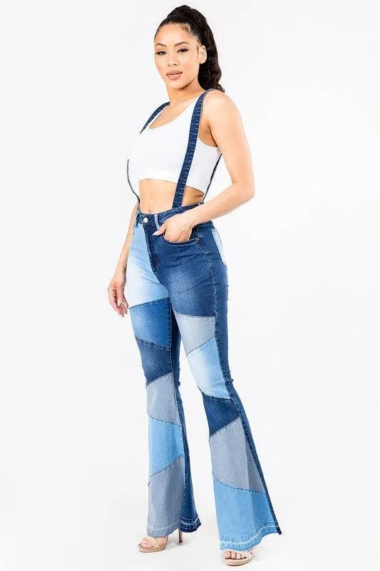 PATCHWORKED FLARE JEANS WITH SUSPENDERS