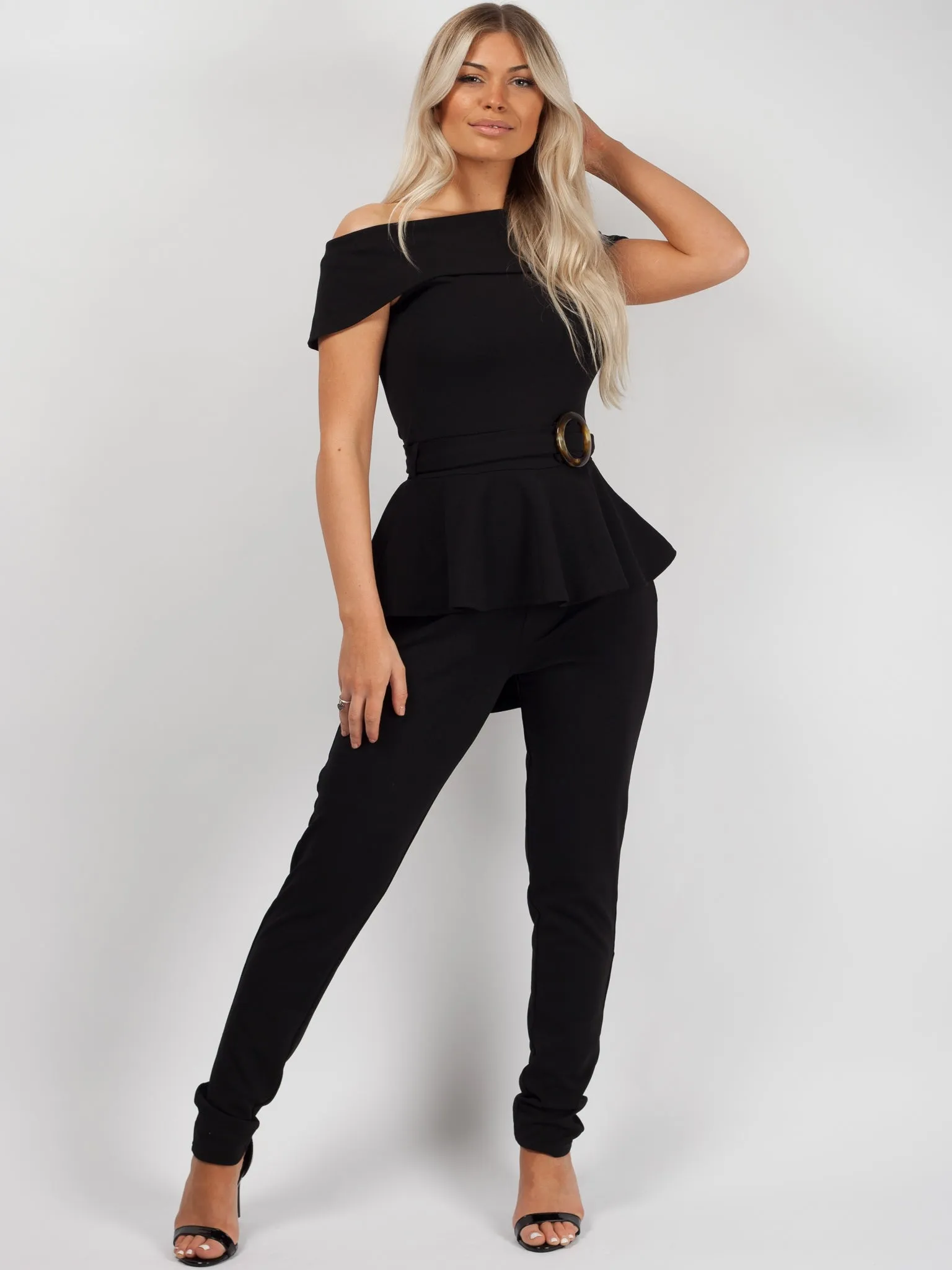 Peplum Frill Belted Bardot Jumpsuit