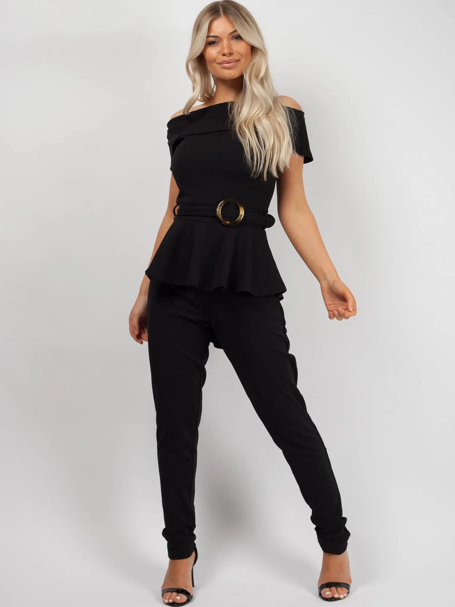 Peplum Frill Belted Bardot Jumpsuit