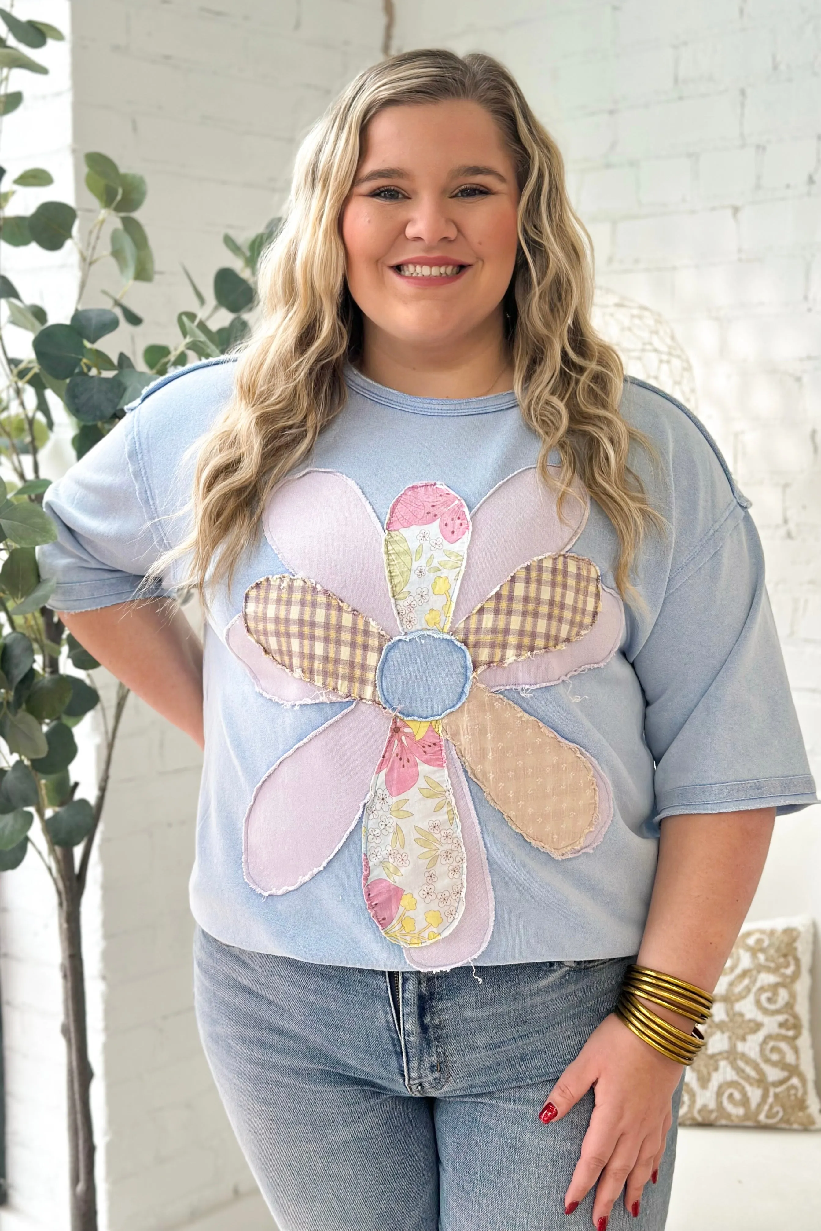 Periwinkle Blue Half Sleeve Flower Patch Top