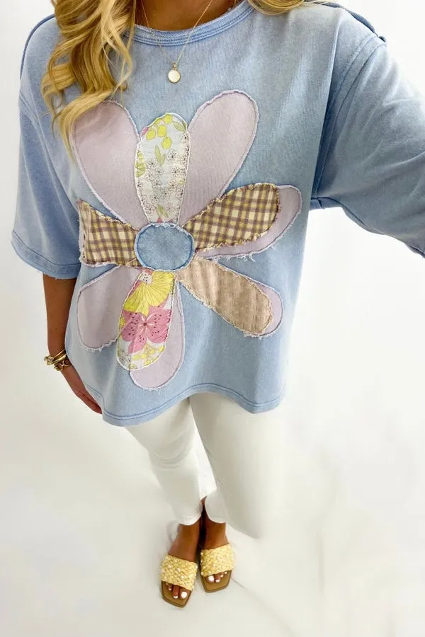Periwinkle Blue Half Sleeve Flower Patch Top