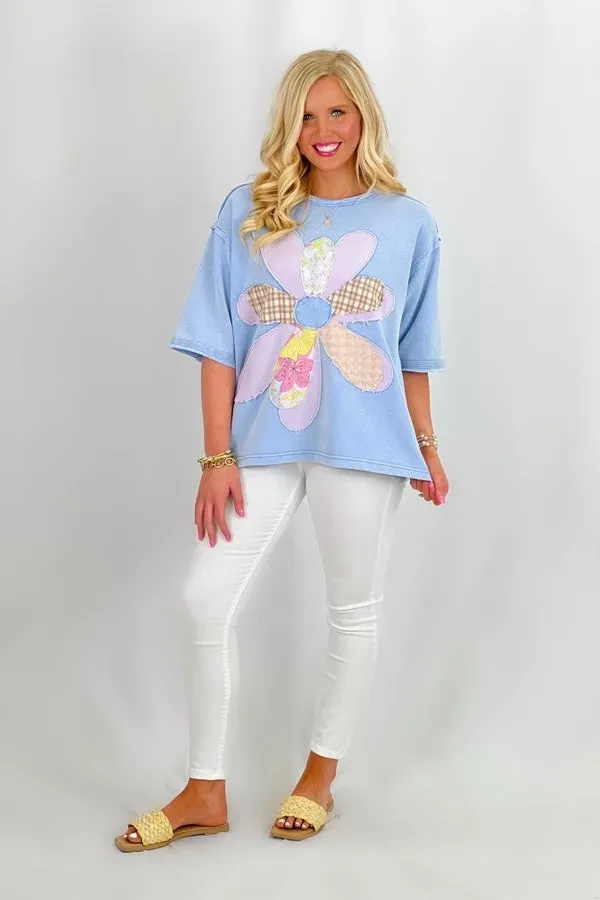 Periwinkle Blue Half Sleeve Flower Patch Top