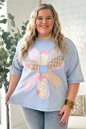 Periwinkle Blue Half Sleeve Flower Patch Top