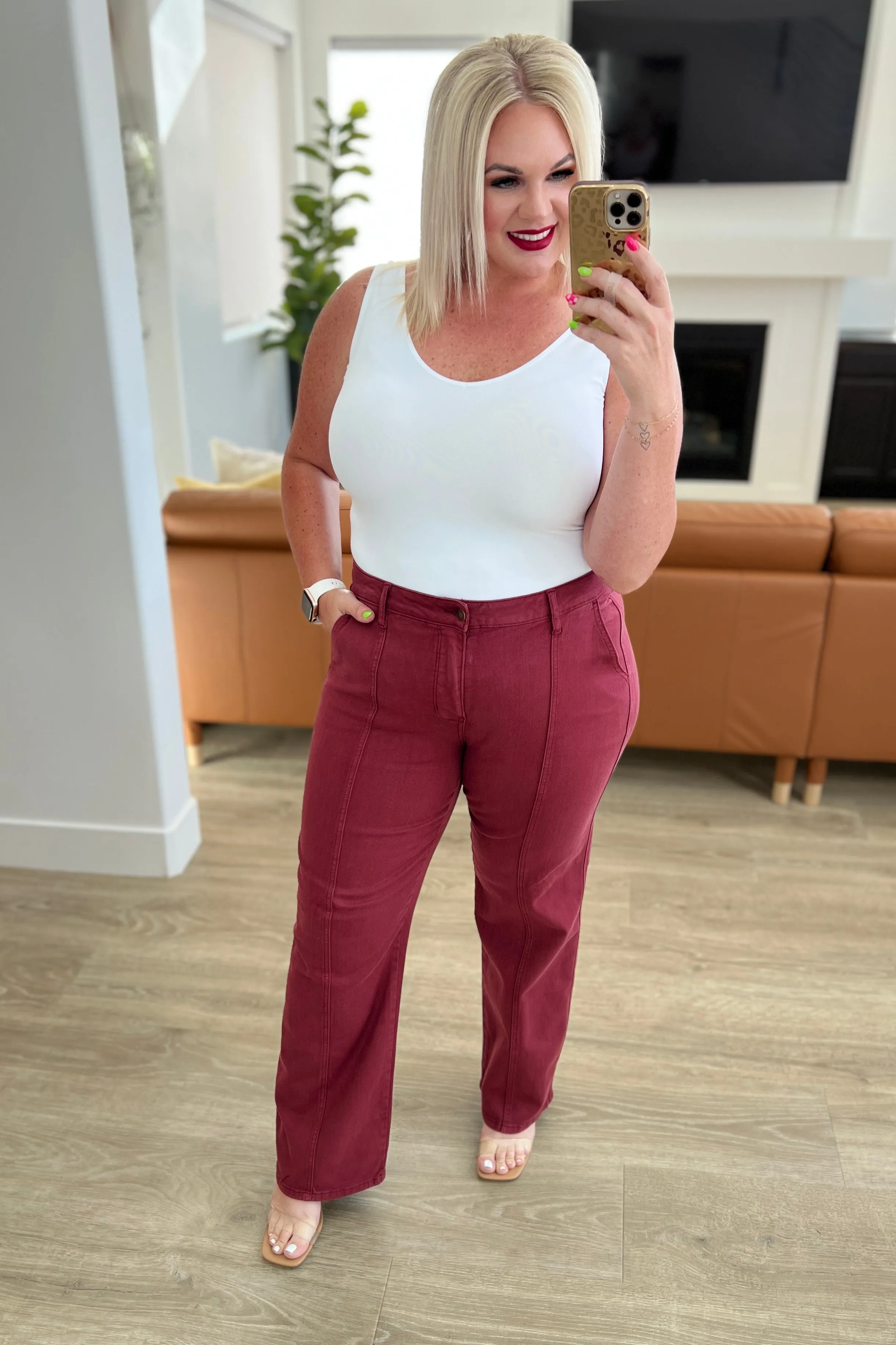 Phoebe High Rise Front Seam Straight Jeans in Burgundy by Judy Blue