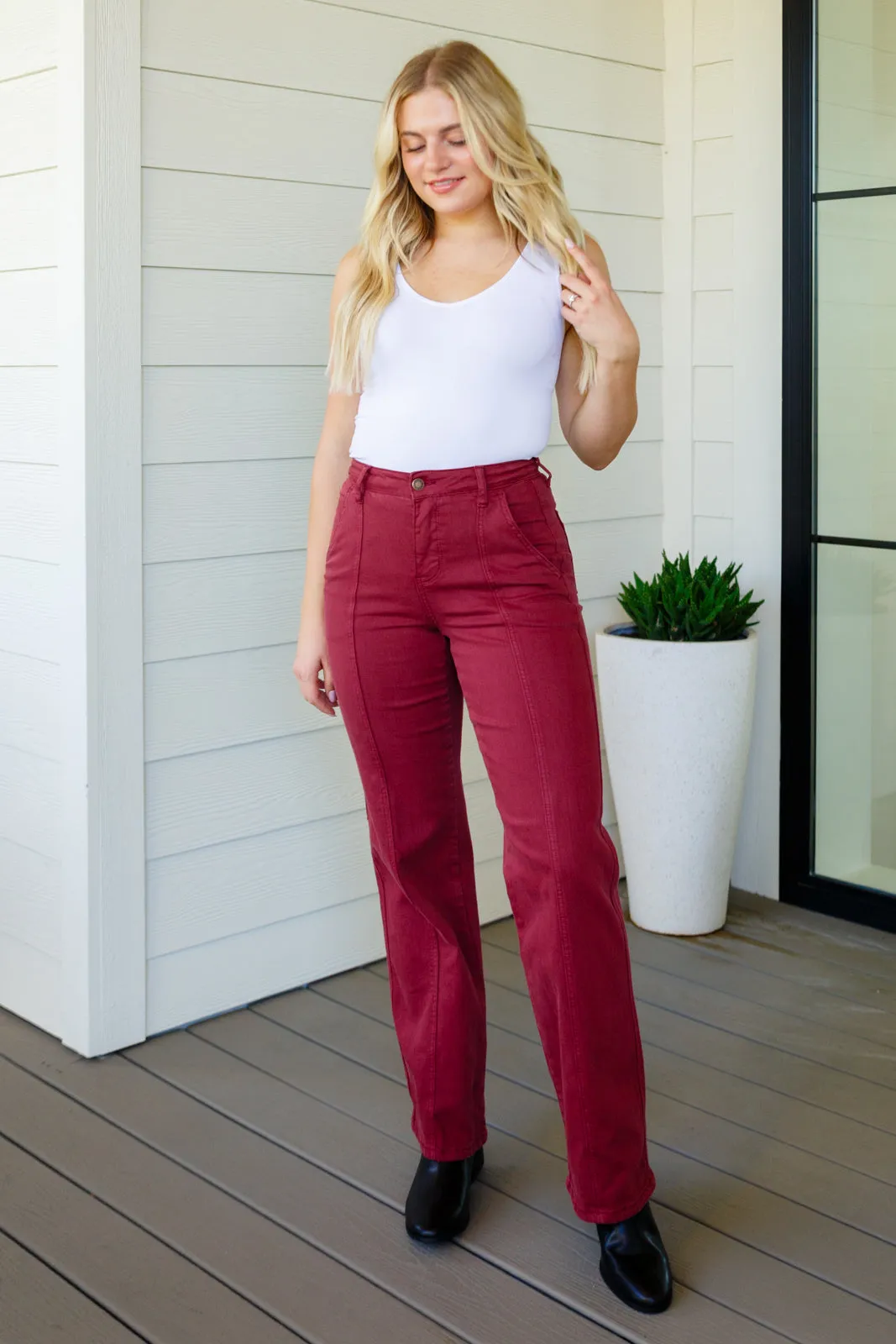 Phoebe High Rise Front Seam Straight Jeans in Burgundy by Judy Blue