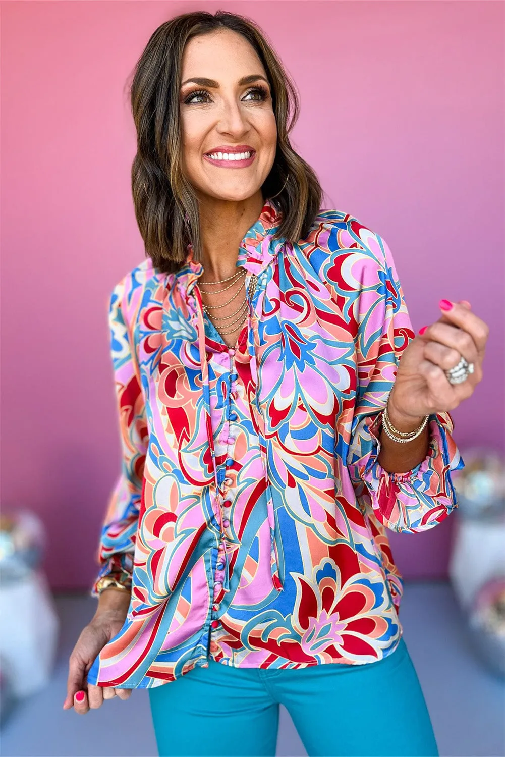 Pink Abstract Print Tie Frilly Neck Long Sleeve Blouse