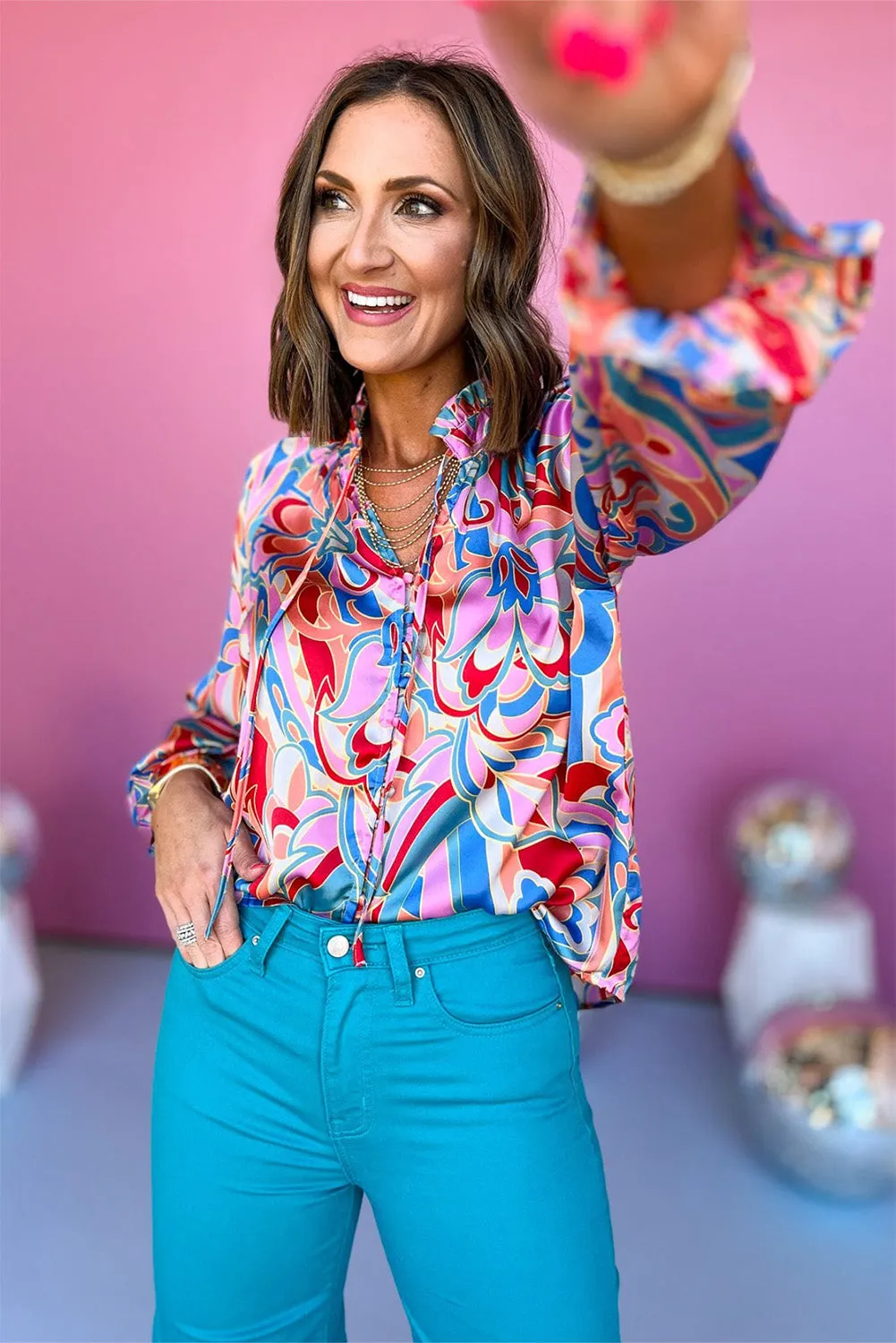 Pink Abstract Print Tie Frilly Neck Long Sleeve Blouse