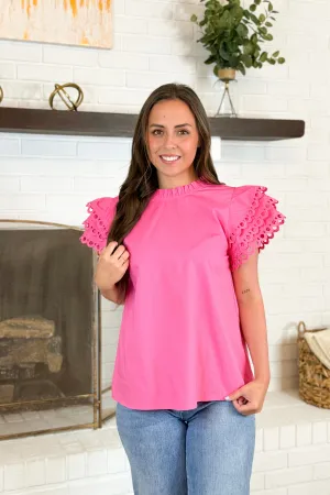 Pink Eyelet Trim Ruffle Sleeve Top
