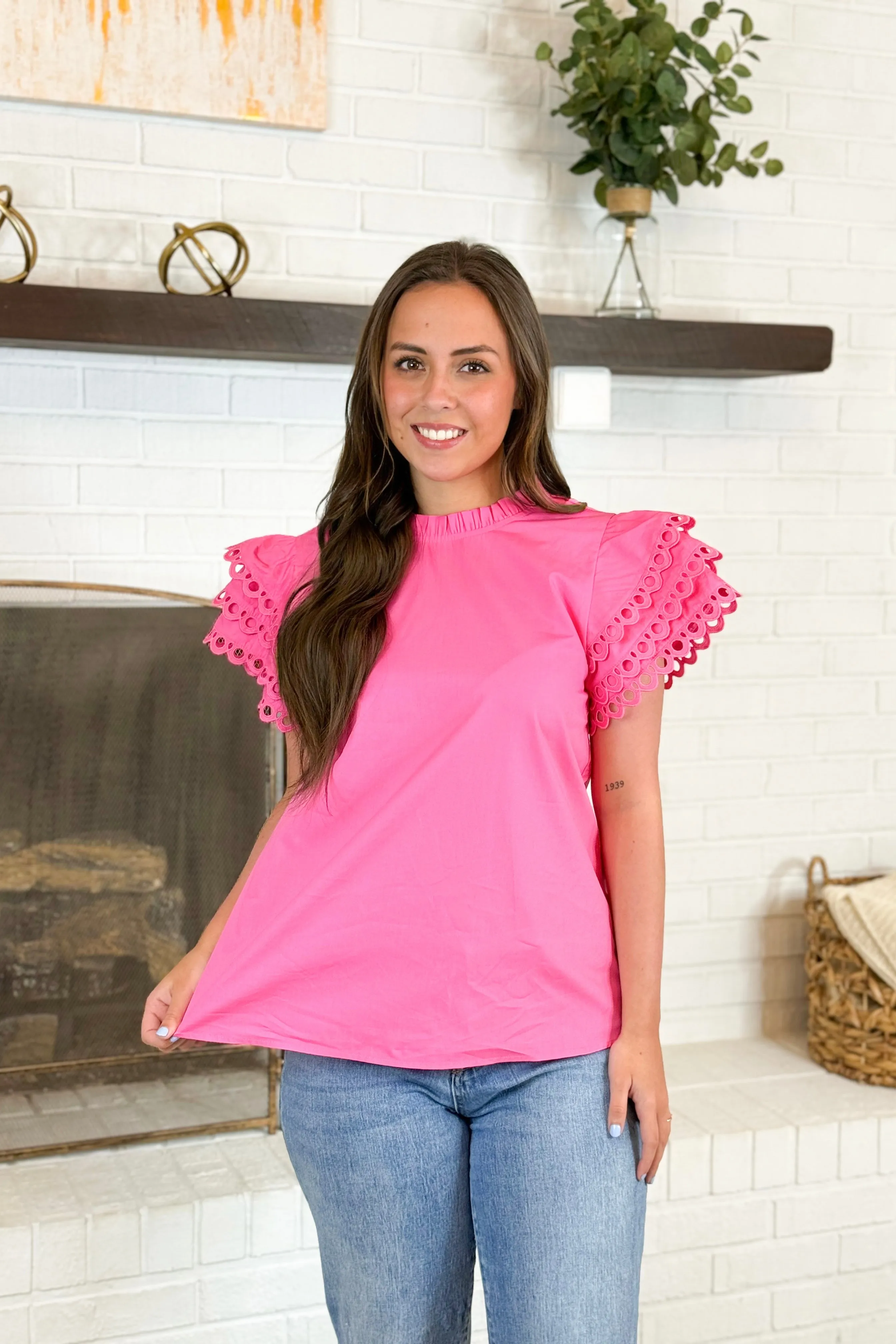 Pink Eyelet Trim Ruffle Sleeve Top