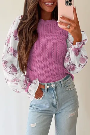 Pink Floral Patchwork Ruffled Cuff Cable Knit Sweater