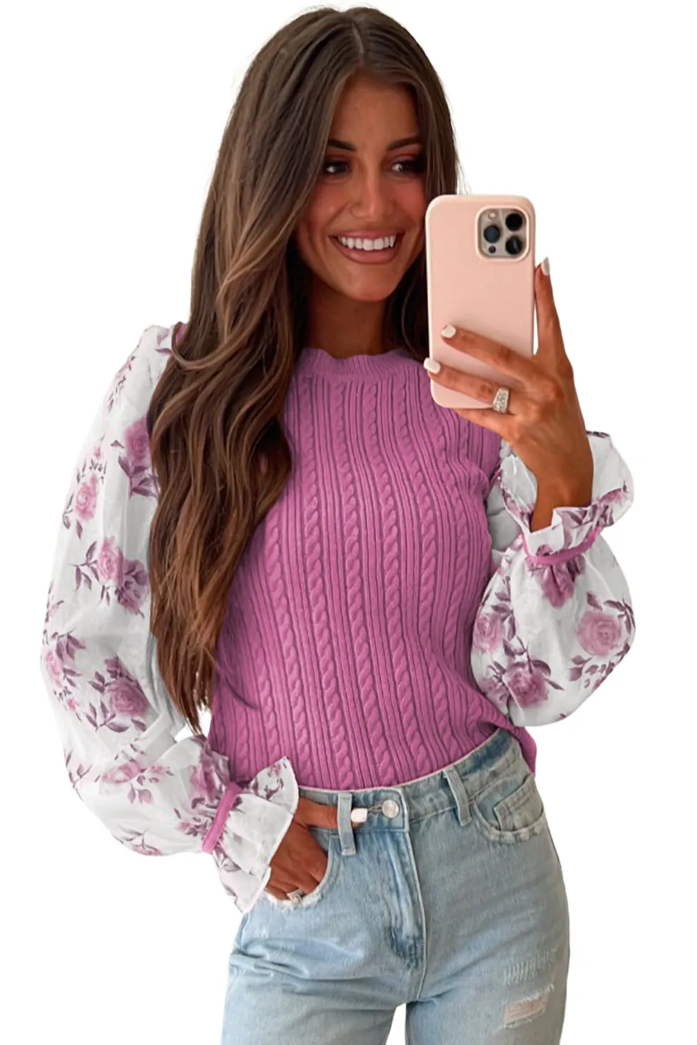 Pink Floral Patchwork Ruffled Cuff Cable Knit Sweater