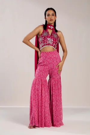 Pink Halterneck Crop Top With Sharara And Dupatta
