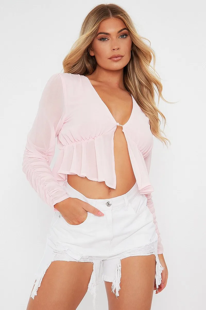 Pink Ruched Sleeve Peplum Top - Hawi