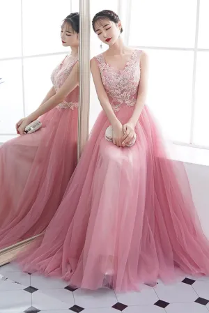 Pink v neck tulle lace long prom dress, pink tulle evening dress