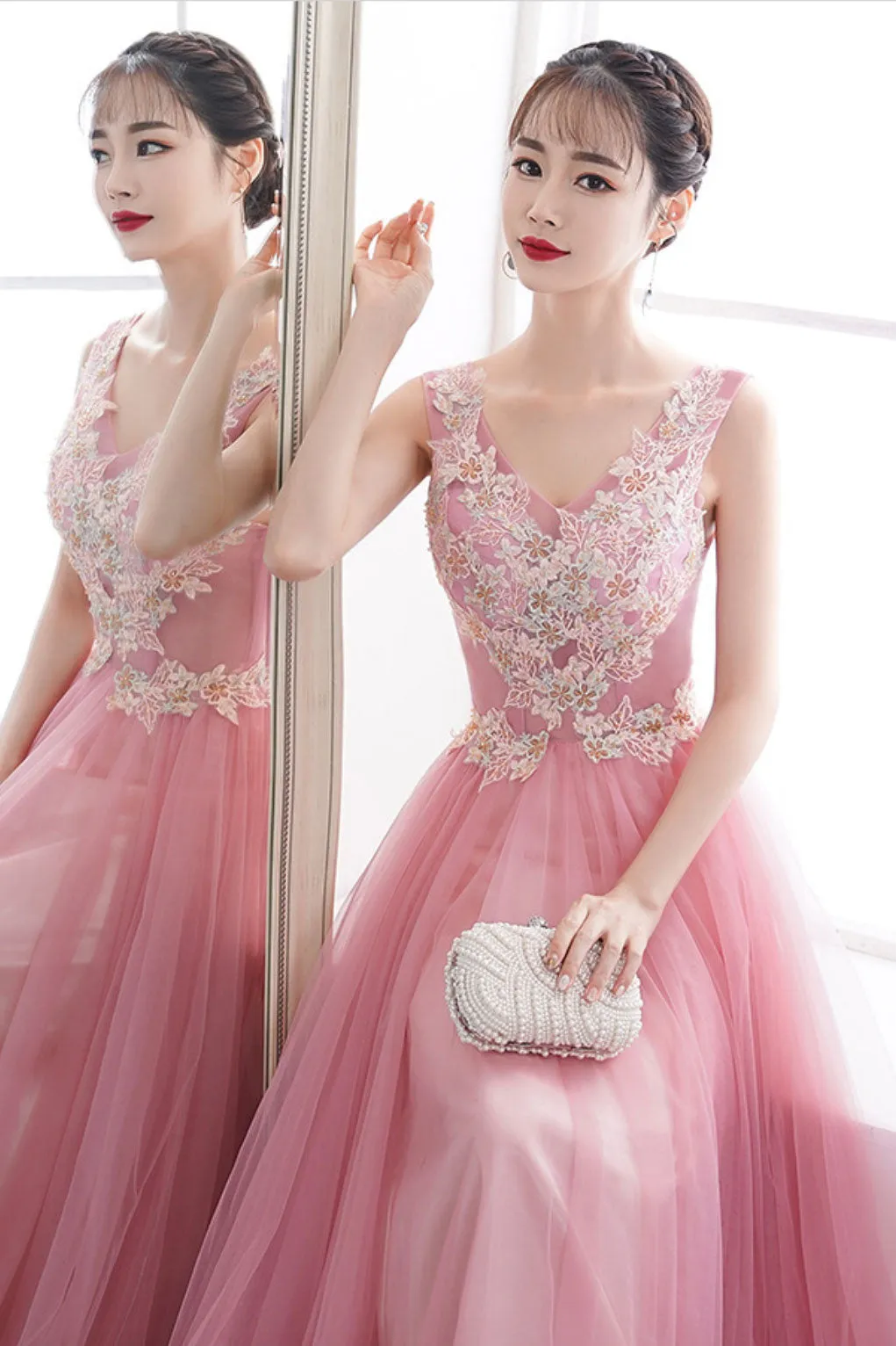 Pink v neck tulle lace long prom dress, pink tulle evening dress