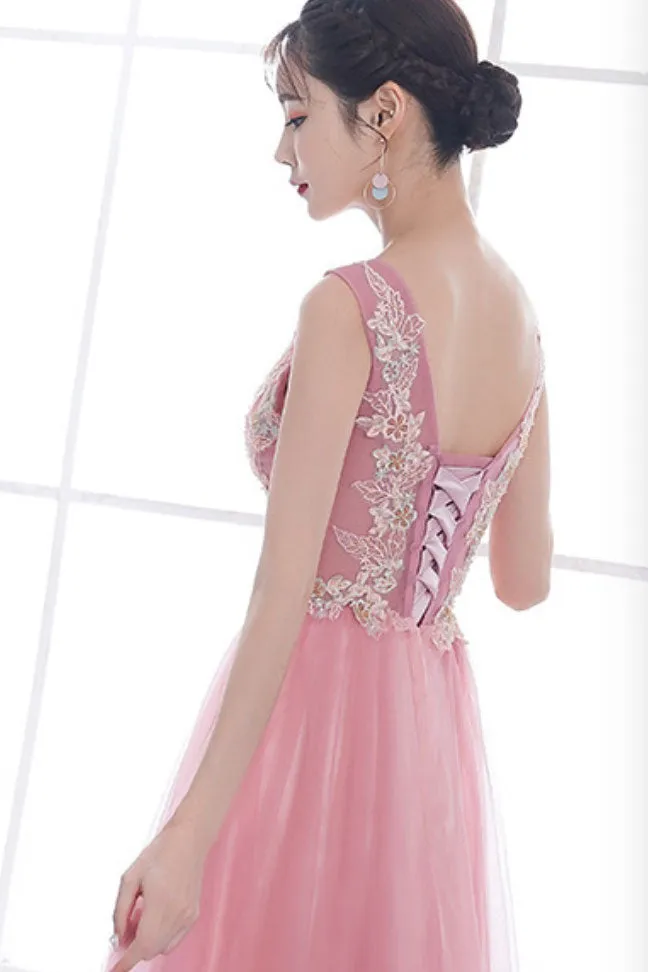 Pink v neck tulle lace long prom dress, pink tulle evening dress