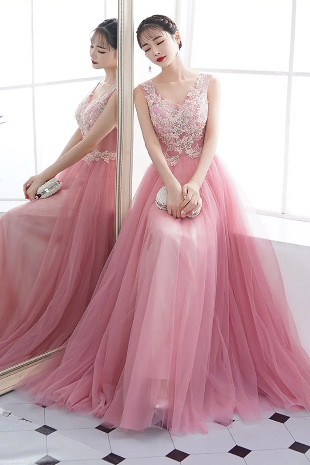 Pink v neck tulle lace long prom dress, pink tulle evening dress