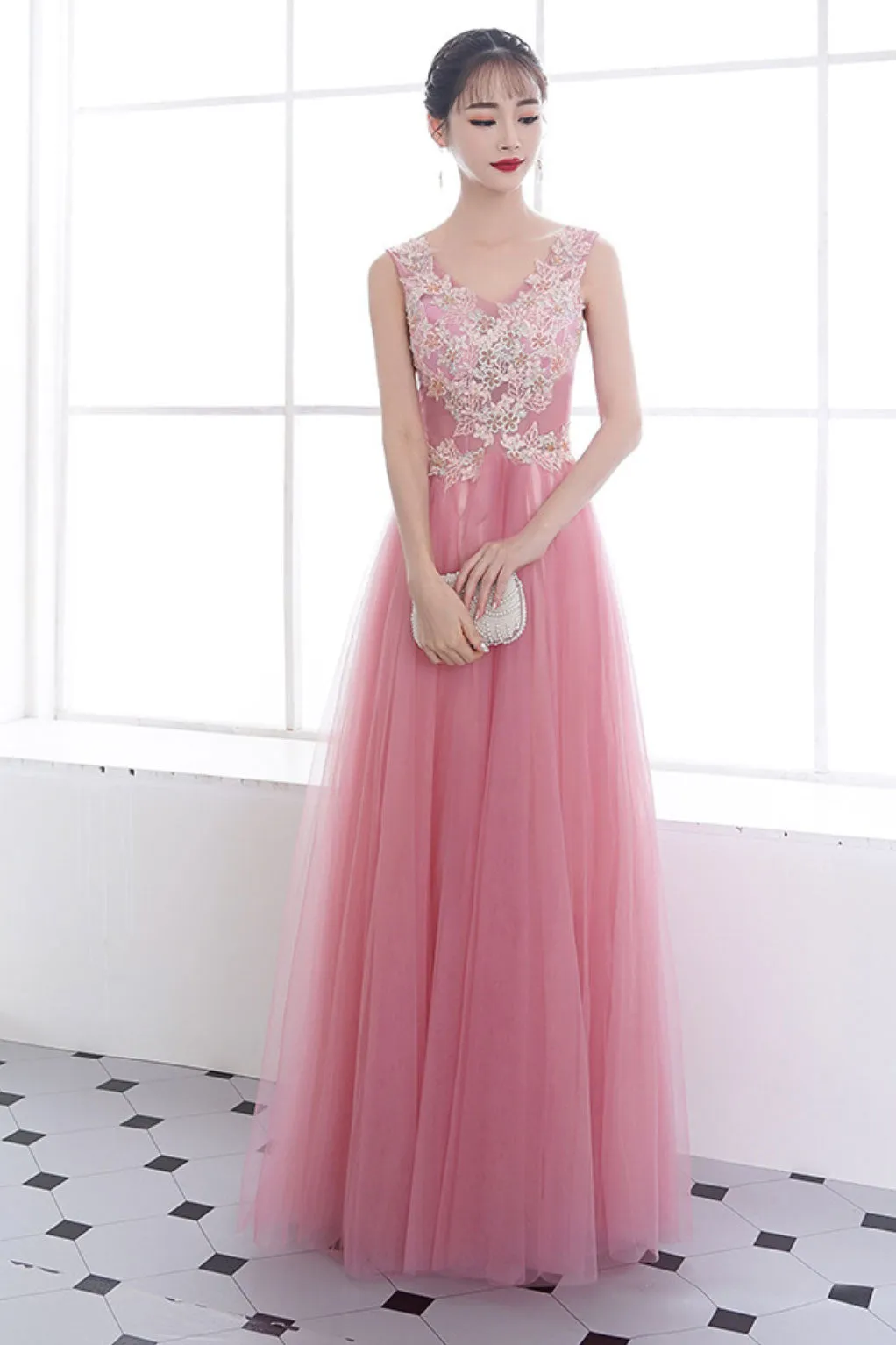 Pink v neck tulle lace long prom dress, pink tulle evening dress
