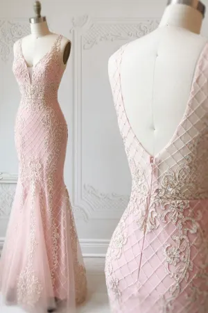 Pink v neck tulle lace mermaid long prom dress, pink evening dress
