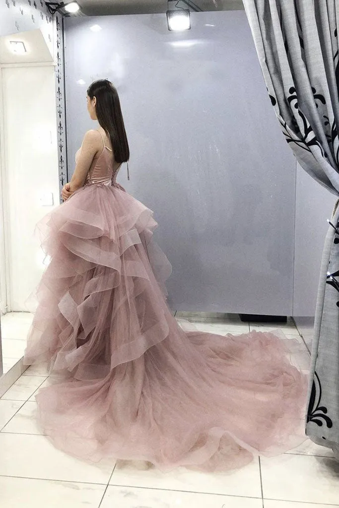 Pink v neck tulle long prom dress pink sweet 16 dress