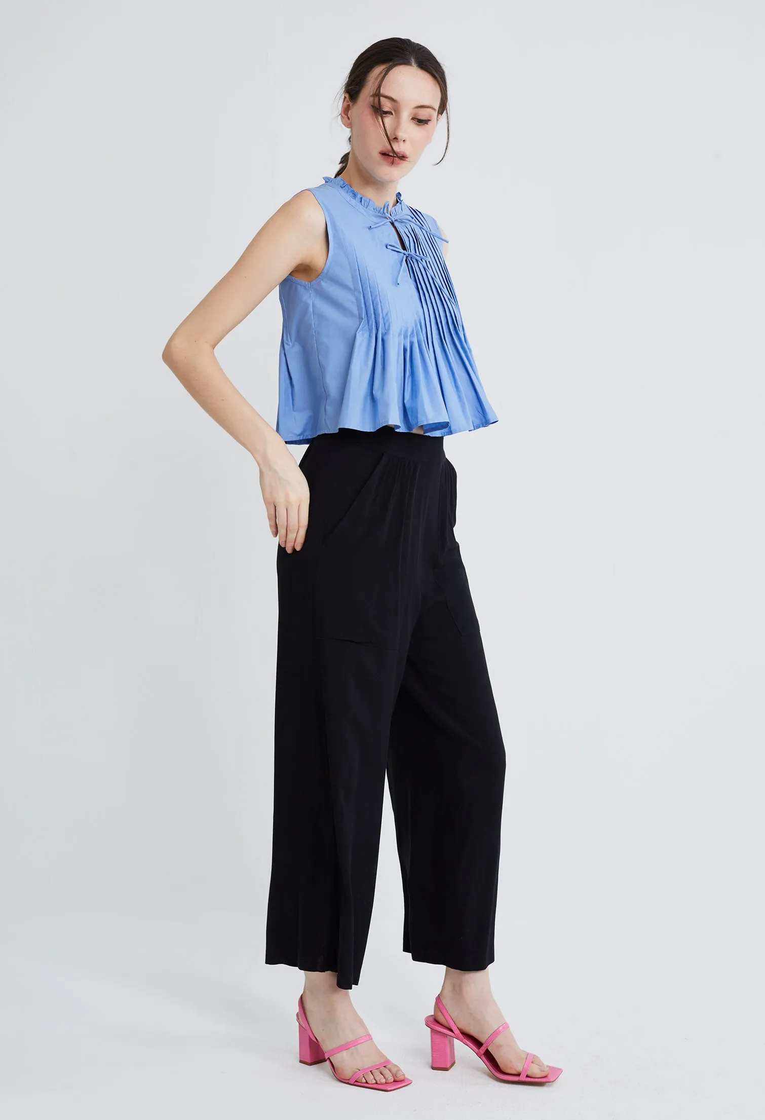 Pleated Flare Sleeveless Double Tie Top