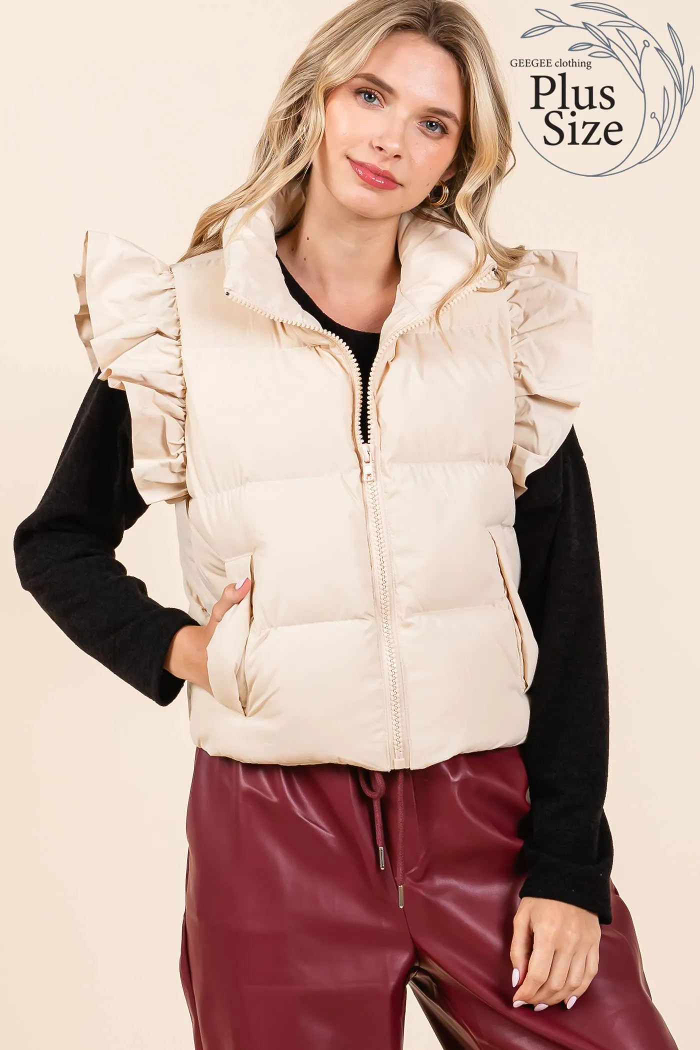 Plus Ruffled Sleeve Puffer Vest