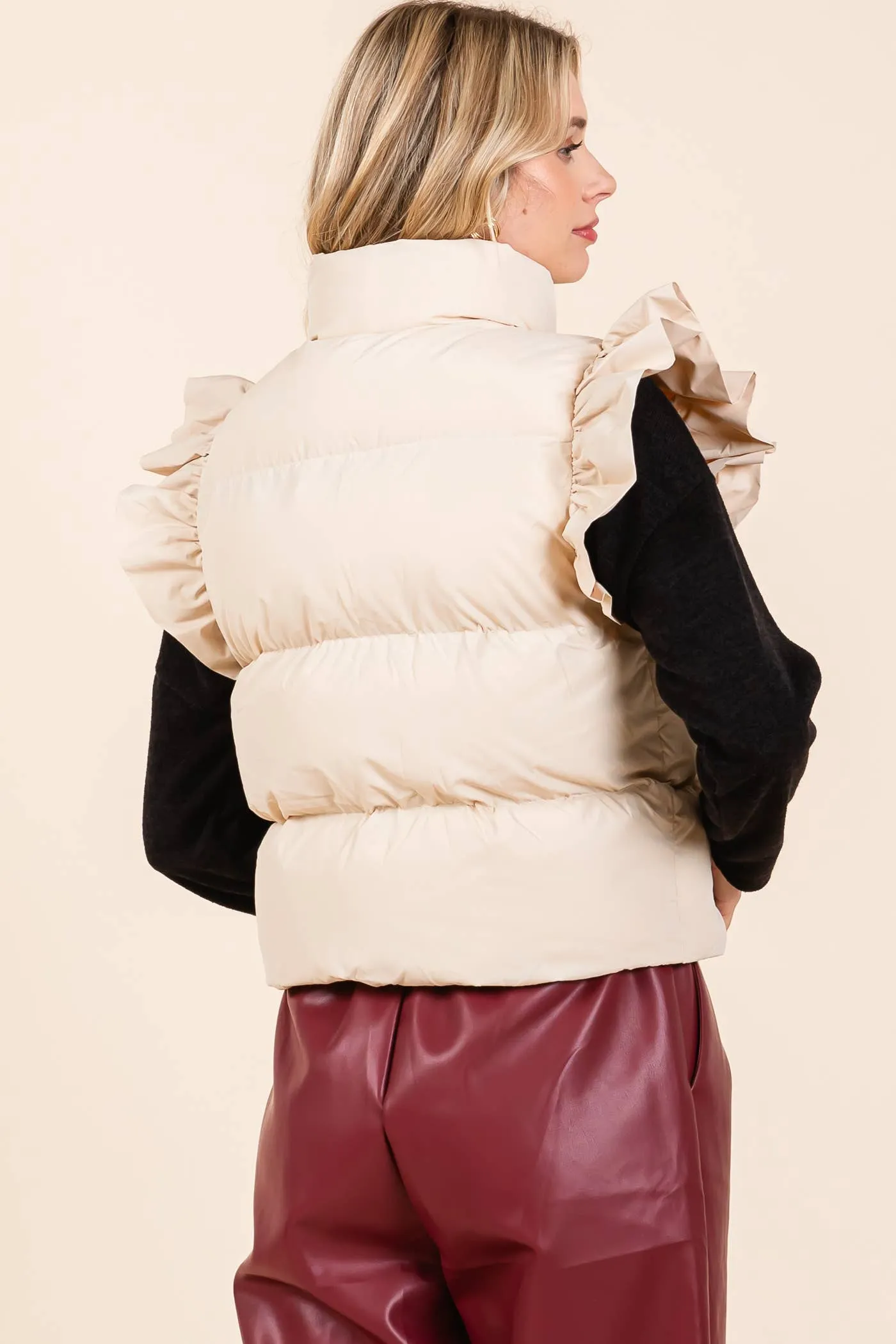 Plus Ruffled Sleeve Puffer Vest