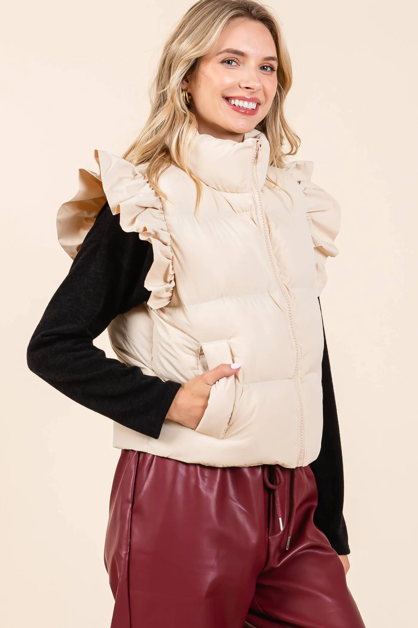 Plus Ruffled Sleeve Puffer Vest