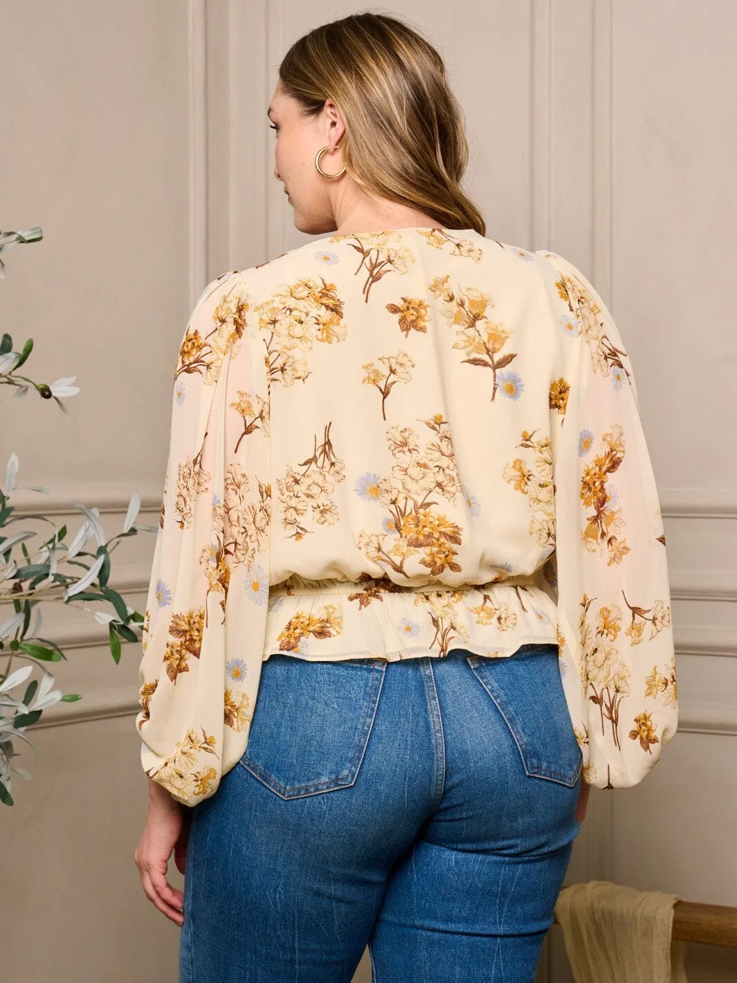 PLUS SIZE 3/4 SLEEVE V-NECK FLORAL PEPLUM BLOUSE TOP