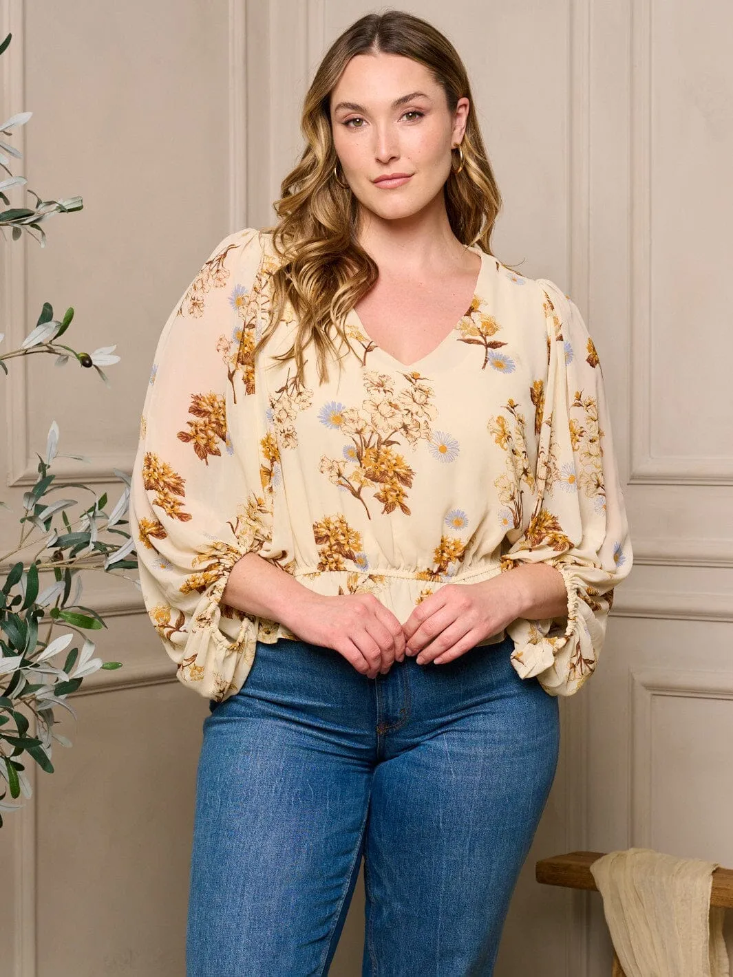 PLUS SIZE 3/4 SLEEVE V-NECK FLORAL PEPLUM BLOUSE TOP