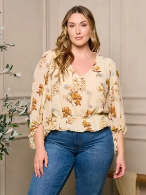 PLUS SIZE 3/4 SLEEVE V-NECK FLORAL PEPLUM BLOUSE TOP