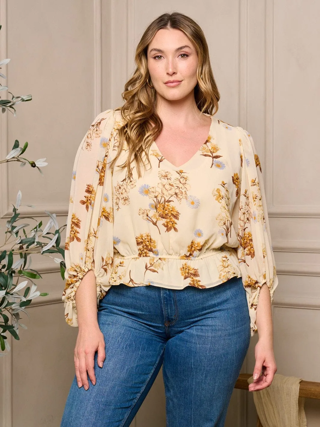 PLUS SIZE 3/4 SLEEVE V-NECK FLORAL PEPLUM BLOUSE TOP
