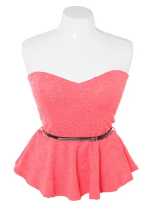 Plus Size Belted Peplum Textured Coral Top
