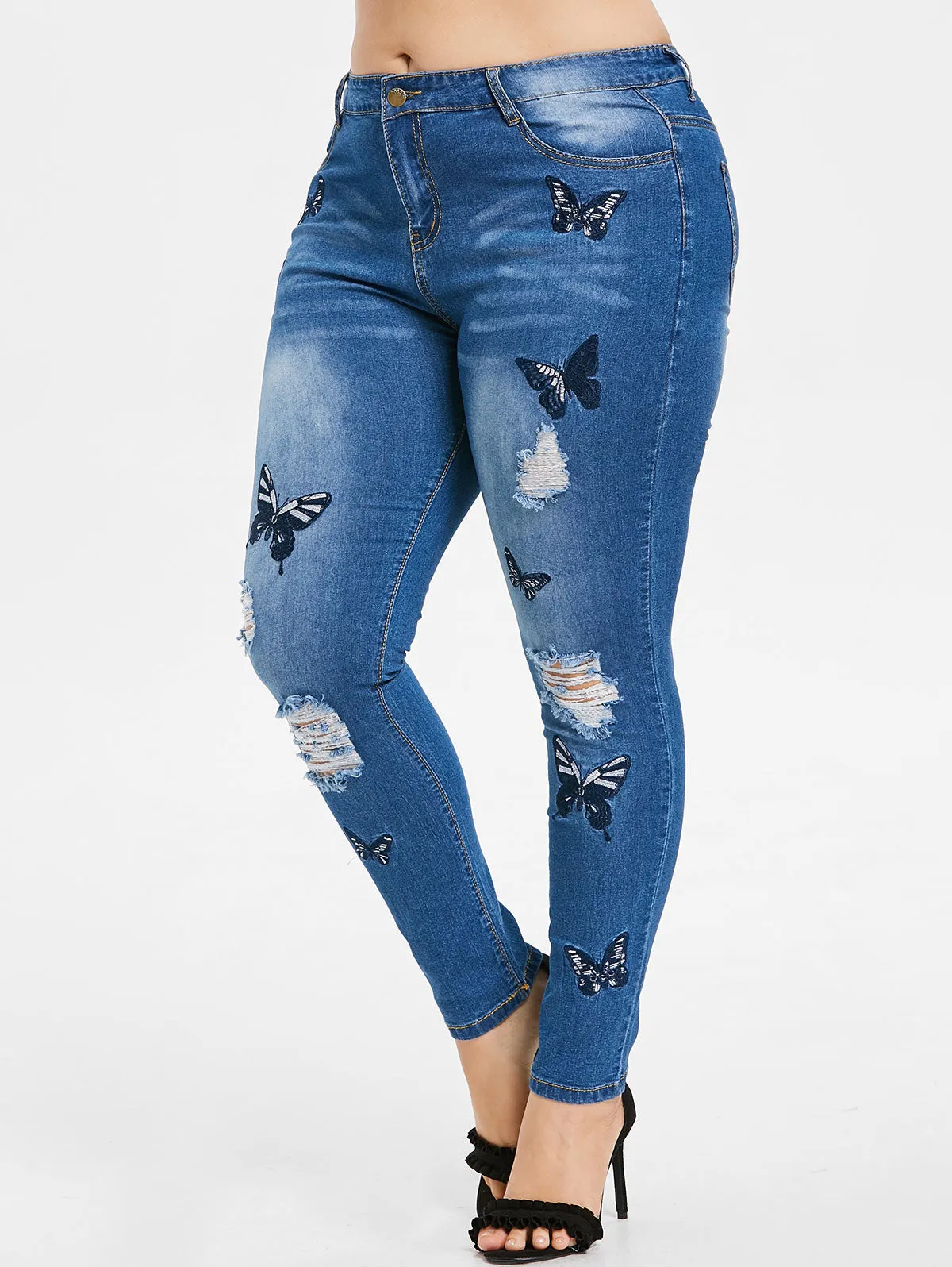 Plus Size Broken Embroidered Jeans Trousers