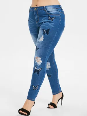 Plus Size Broken Embroidered Jeans Trousers