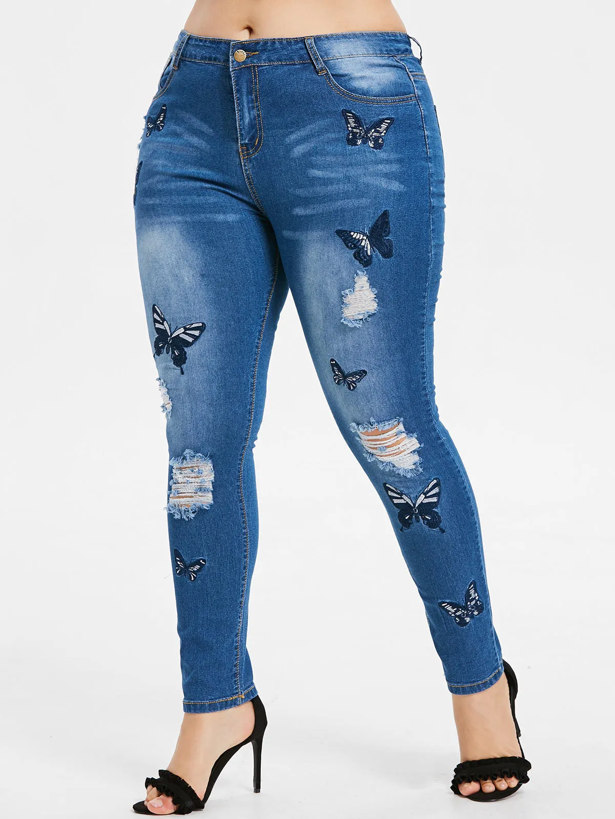 Plus Size Broken Embroidered Jeans Trousers
