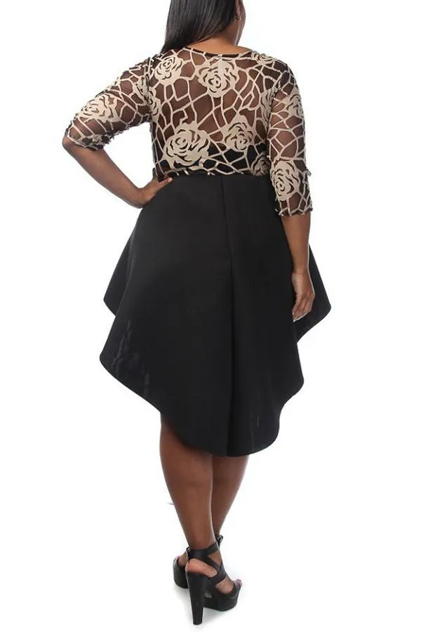 Plus Size Designer Gold See Through Floral Peplum Dress