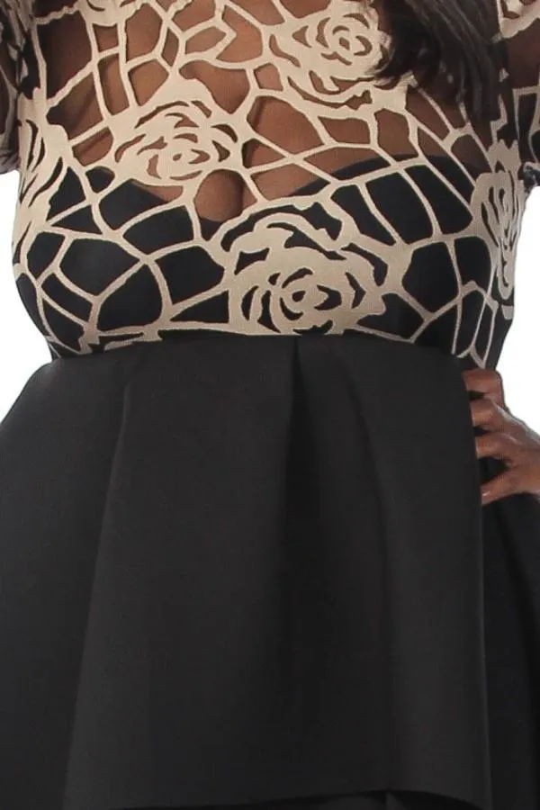 Plus Size Designer Gold See Through Floral Peplum Dress