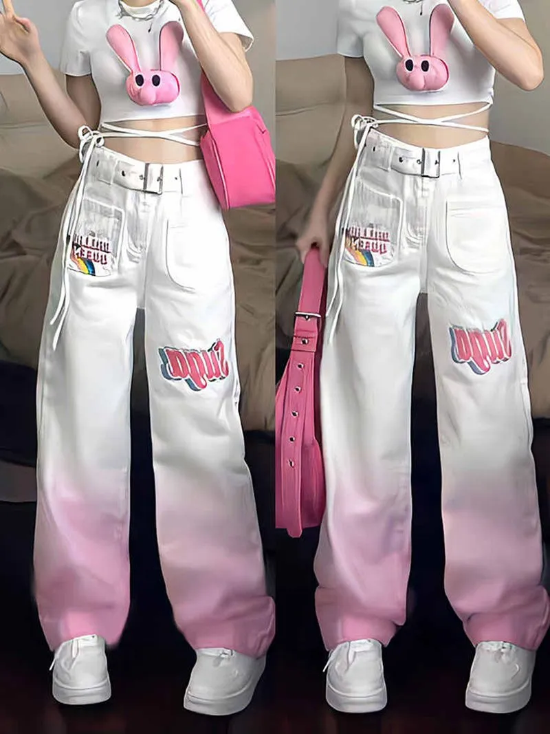 PLUS SIZE Gradient Pink Denim Pants KF83903