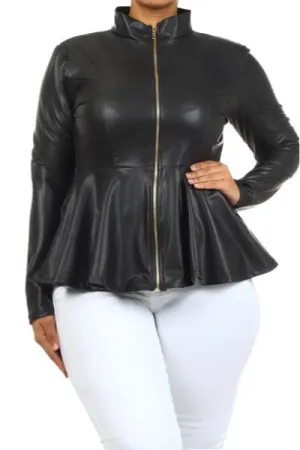 Plus Size Leather Mock Collar Peplum Jacket