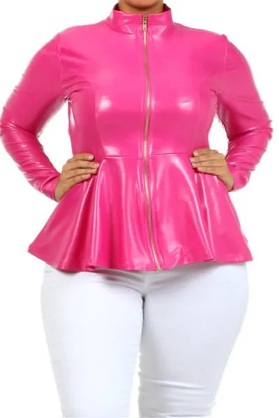 Plus Size Leather Mock Collar Peplum Jacket
