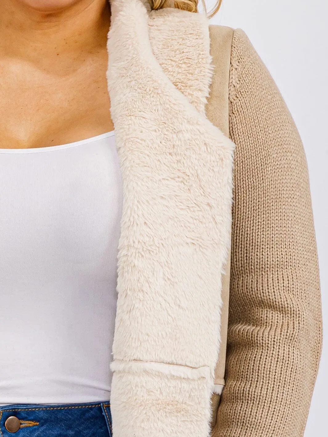 PLUS SIZE LONG SLEEVE OPEN FRONT POCKETS SHEPA COAT