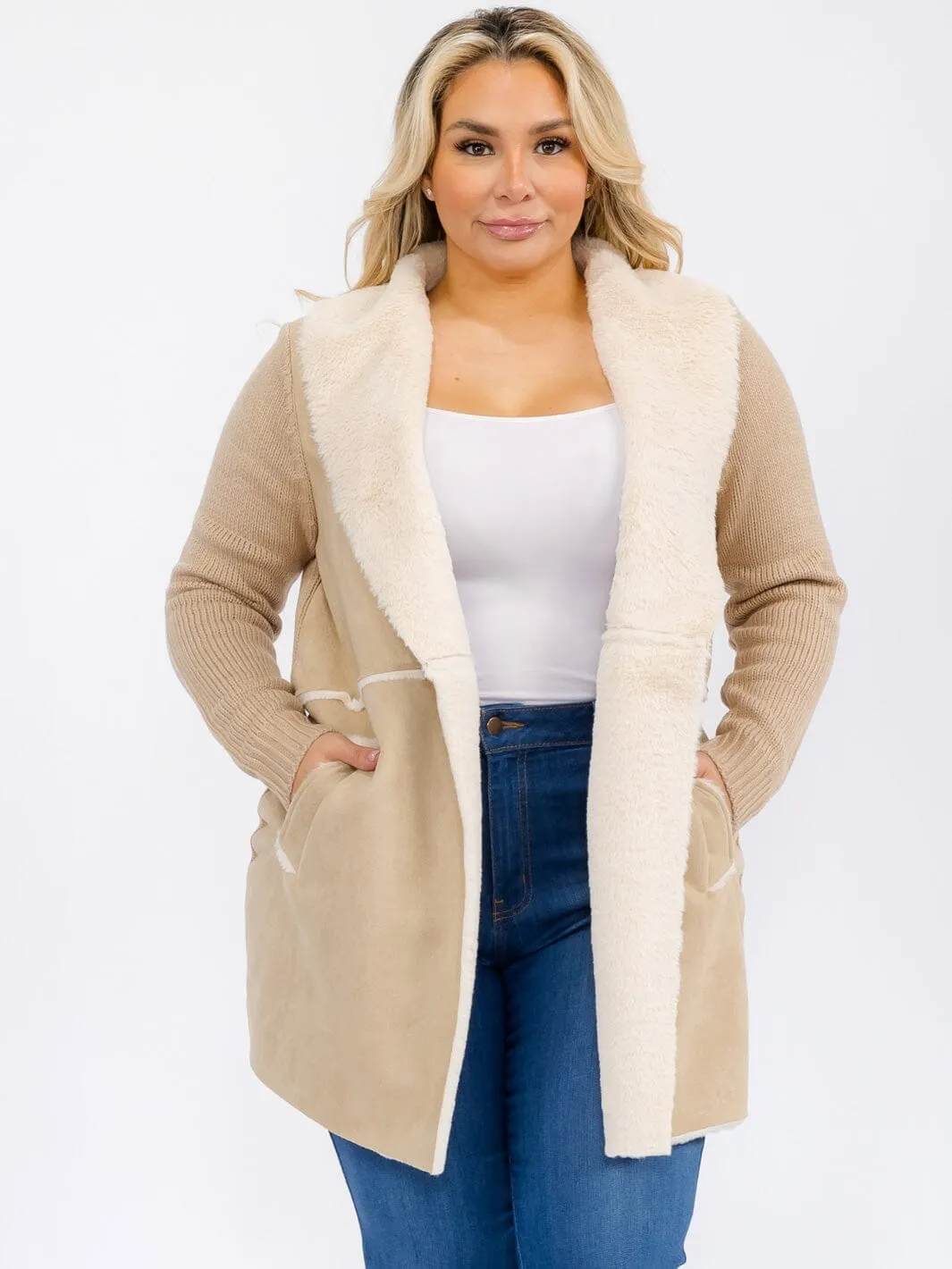 PLUS SIZE LONG SLEEVE OPEN FRONT POCKETS SHEPA COAT