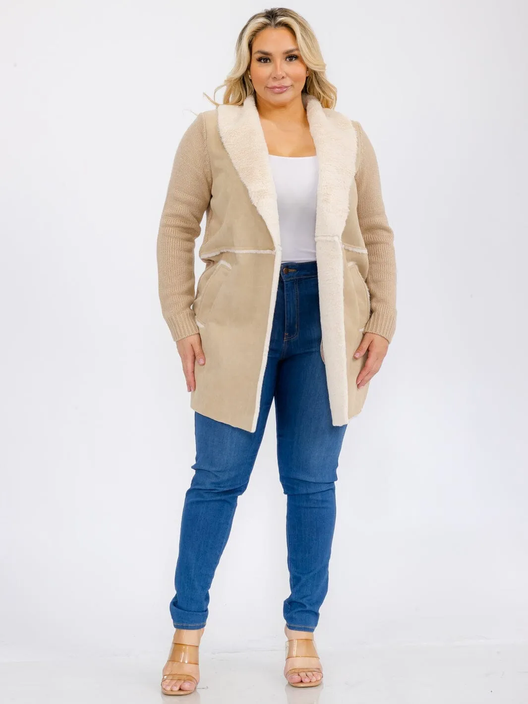 PLUS SIZE LONG SLEEVE OPEN FRONT POCKETS SHEPA COAT